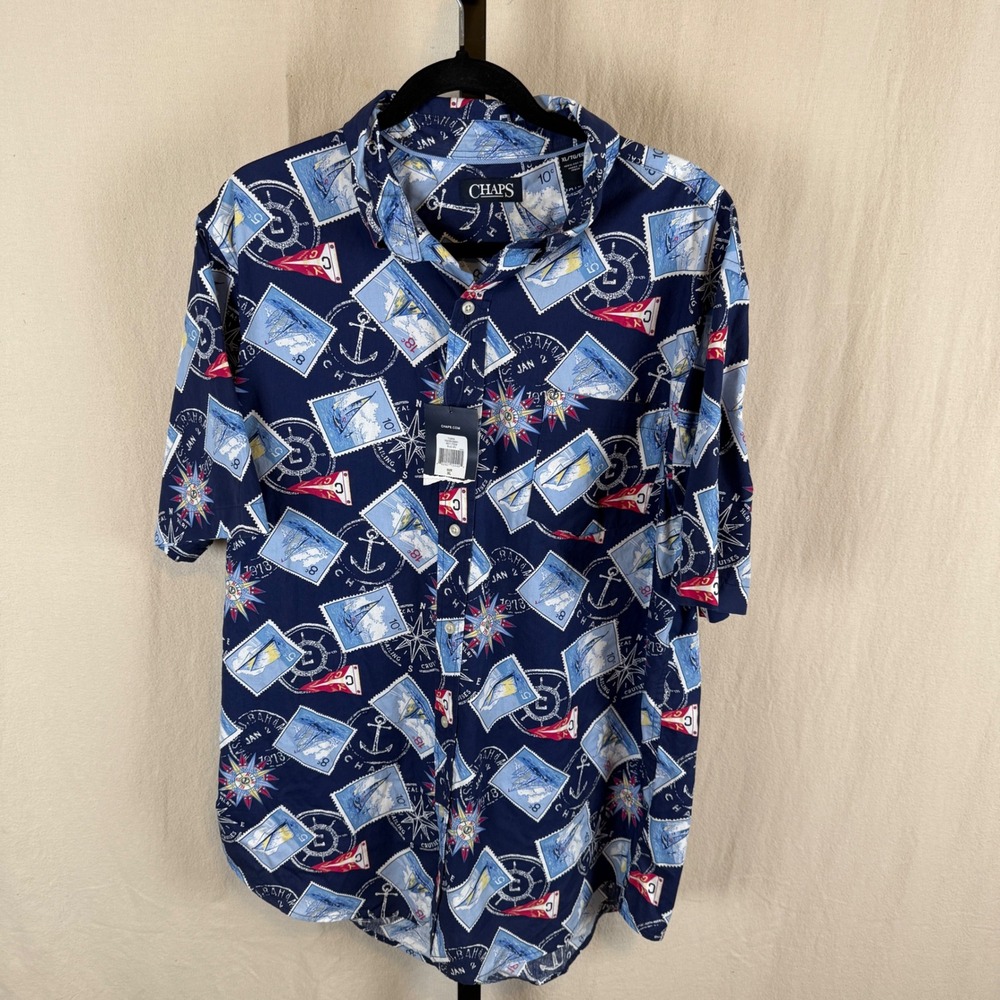 Chaps Mens XL Nautical Postage Stamp Sailboat‎ Cotton Button Down Shirt Blue New